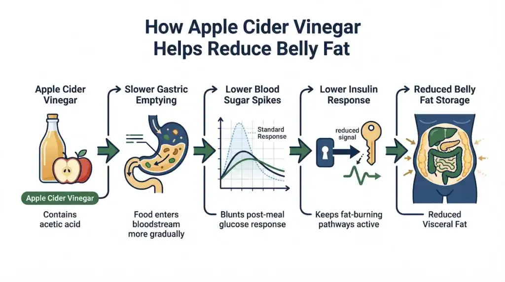Diagram showing how acetic acid in apple cider vinegar slows digestion, lowers blood sugar and insulin response, and helps reduce belly fat storage.