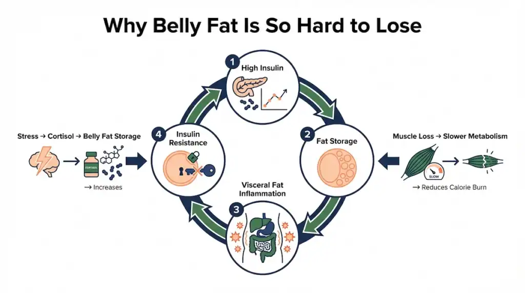 Diagram showing how high insulin, fat storage, visceral fat inflammation, and insulin resistance create a cycle that makes belly fat difficult to lose.