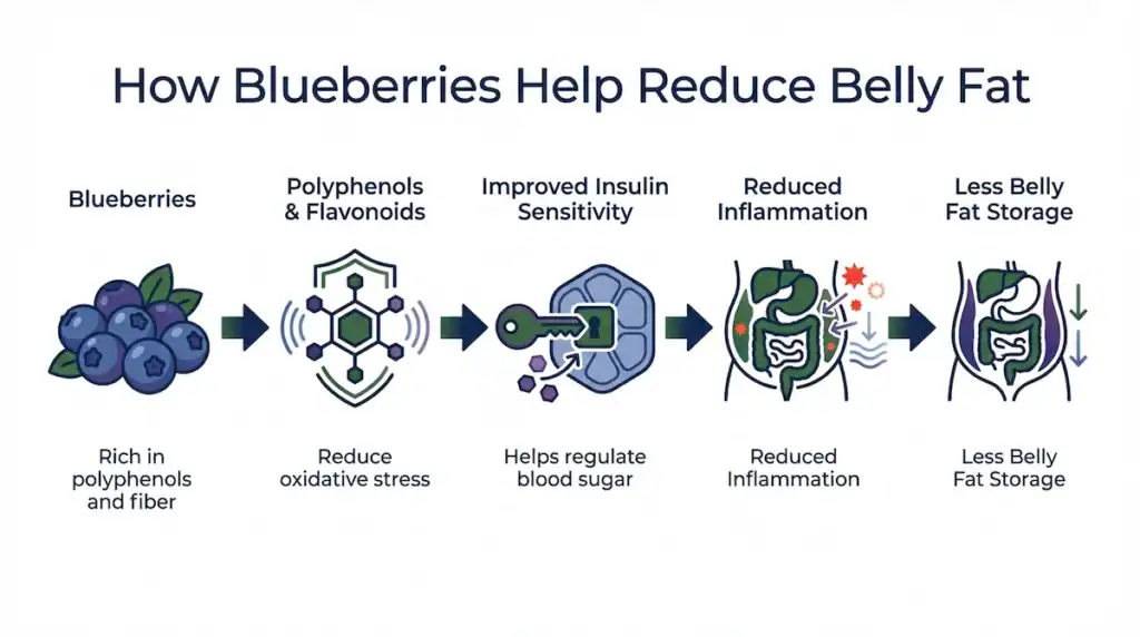 Diagram showing how blueberries provide polyphenols and fiber that improve insulin sensitivity, reduce inflammation, and help reduce belly fat storage.