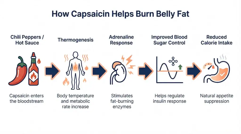 Diagram showing how capsaicin from chili peppers increases thermogenesis, stimulates metabolism, stabilizes blood sugar, and helps reduce calorie intake.