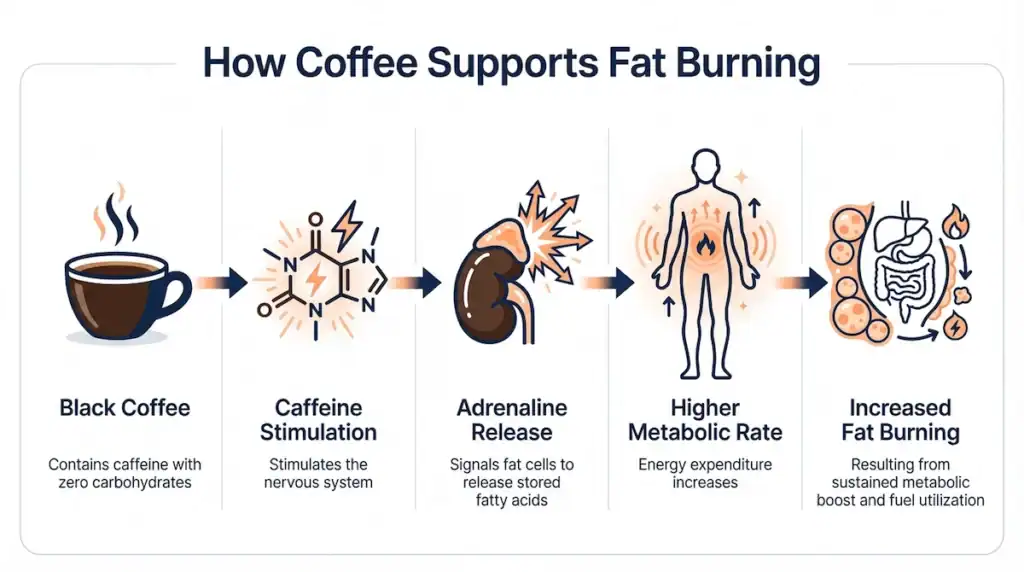Diagram showing how caffeine from coffee stimulates adrenaline, increases metabolic rate, and helps the body burn stored belly fat.