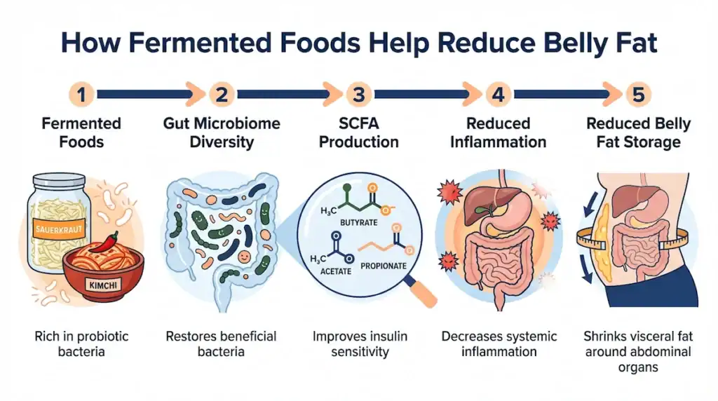 Diagram showing how fermented foods like sauerkraut and kimchi improve gut microbiome diversity, increase short-chain fatty acids, reduce inflammation, and help lower belly fat storage.