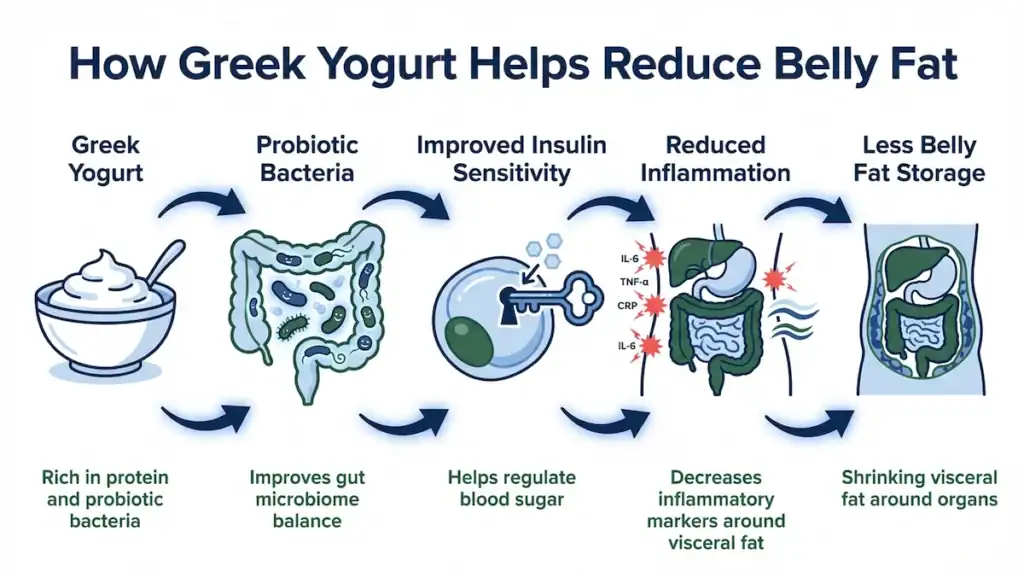 Diagram showing how probiotic bacteria in Greek yogurt improve gut microbiome balance, reduce inflammation, and support lower belly fat storage.
