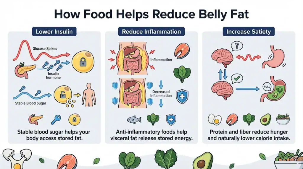 Infographic showing how food helps reduce belly fat through lower insulin, reduced inflammation, and increased satiety.
