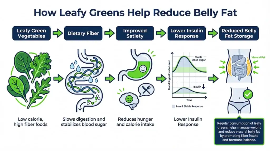 Diagram showing how fiber from leafy green vegetables slows digestion, improves satiety, stabilizes blood sugar, and helps reduce belly fat storage.