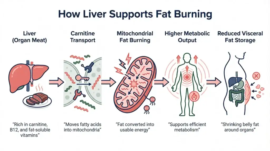 Diagram showing how nutrients in liver such as carnitine support mitochondrial fat burning and help reduce visceral belly fat.