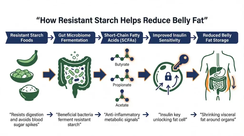 Diagram showing how resistant starch from foods like green bananas feeds gut bacteria, producing short-chain fatty acids that improve insulin sensitivity and reduce belly fat storage.