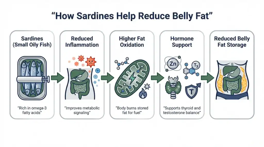 Diagram showing how omega-3 fatty acids in sardines reduce inflammation, improve fat oxidation, and support hormones that help reduce belly fat storage.