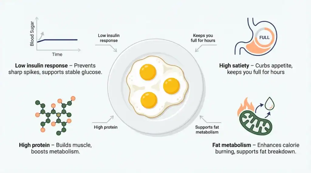 Eggs infographic showing low insulin response, high protein, satiety, and fat metabolism benefits.