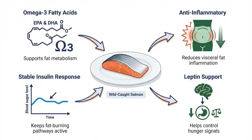 Salmon infographic showing omega-3 fatty acids reducing inflammation, supporting fat metabolism, and helping control hunger.