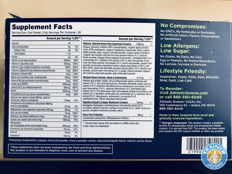 athletic greens ingredients list nutrition label