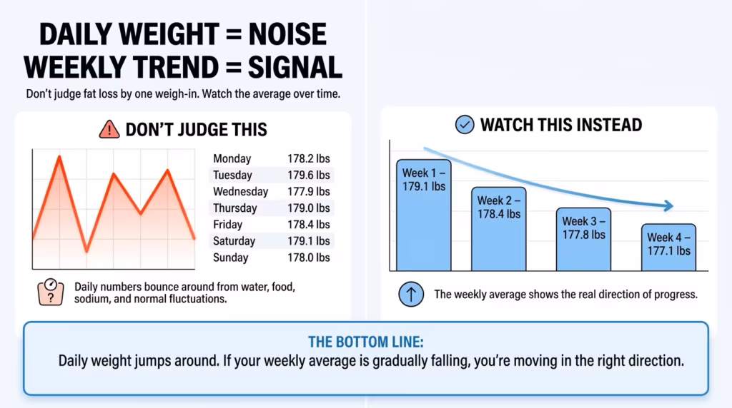 Infographic comparing daily body-weight fluctuations with a downward weekly average trend to show why weekly averages are more useful for tracking fat-loss progress.