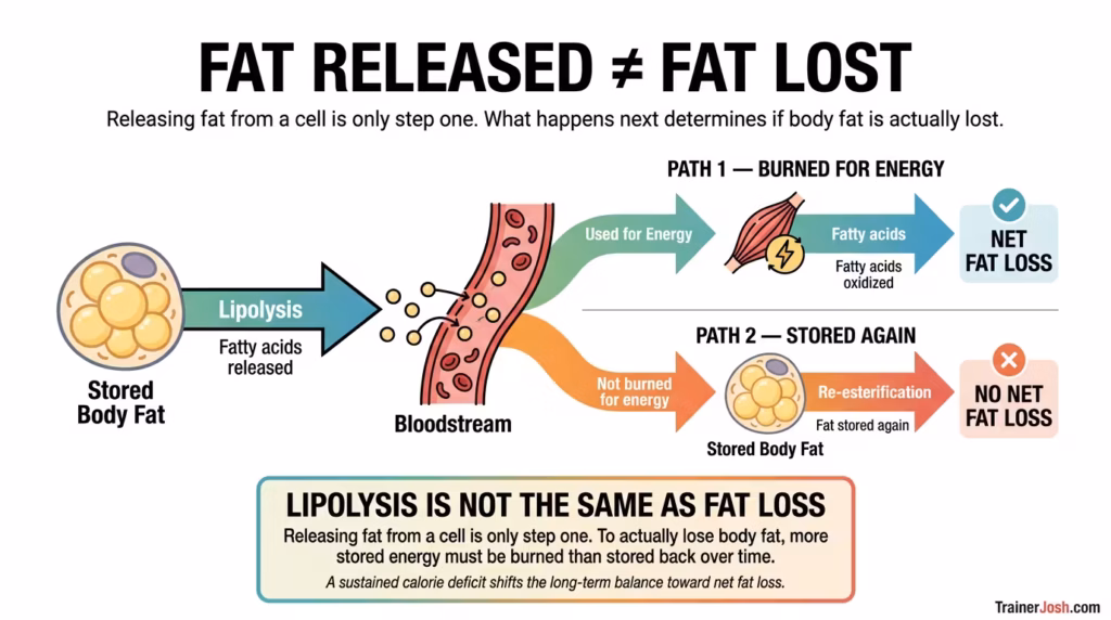Infographic showing that released fatty acids can either be burned for energy or re-stored, explaining why lipolysis alone does not equal fat loss.