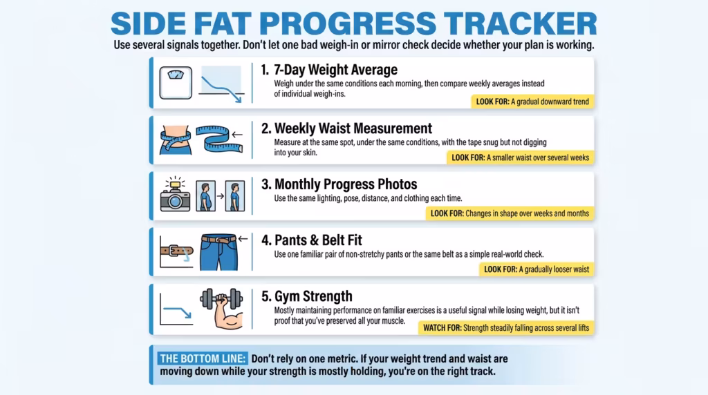 Infographic showing five ways to track side fat progress: 7-day weight average, weekly waist measurement, monthly photos, clothing fit, and gym strength.
