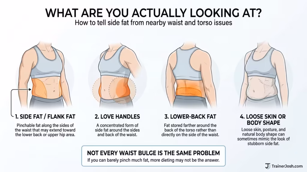 Infographic comparing side fat, love handles, lower-back fat, and loose skin or body shape around the waist and torso.