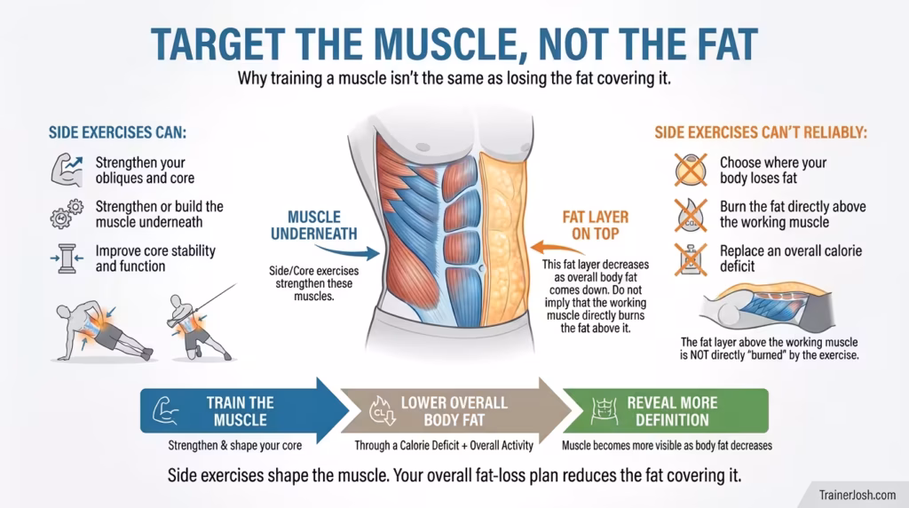 Infographic showing that side exercises strengthen the oblique and core muscles underneath fat, while overall fat loss is needed to reveal more definition.