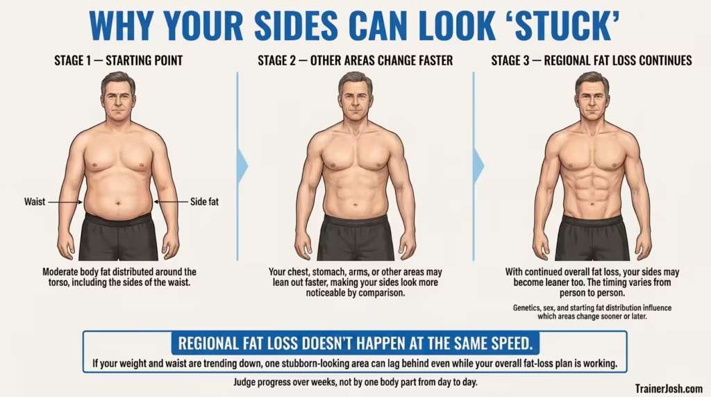 Three-stage infographic showing how other body areas can lean out faster than side fat, making the waist look stuck even while overall fat loss continues.