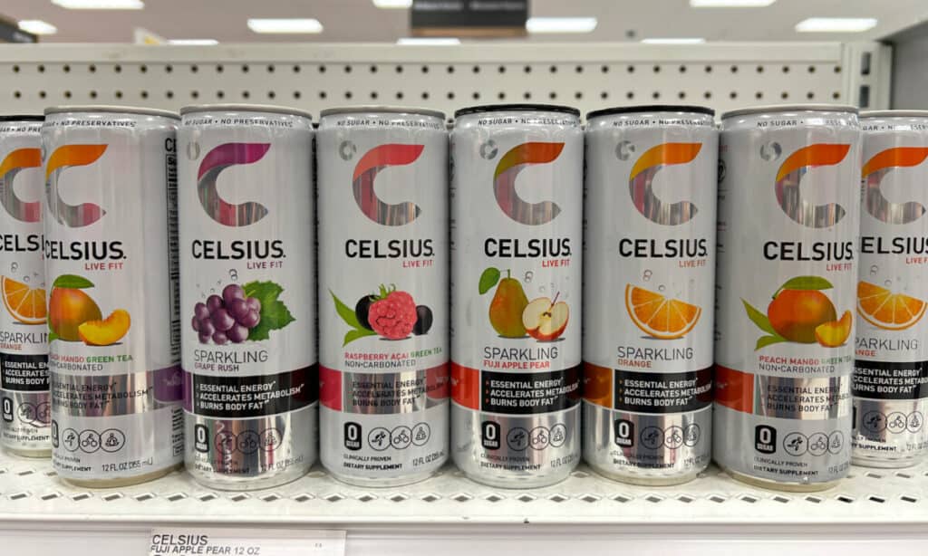 celsius energy drinks on grocery store shelf