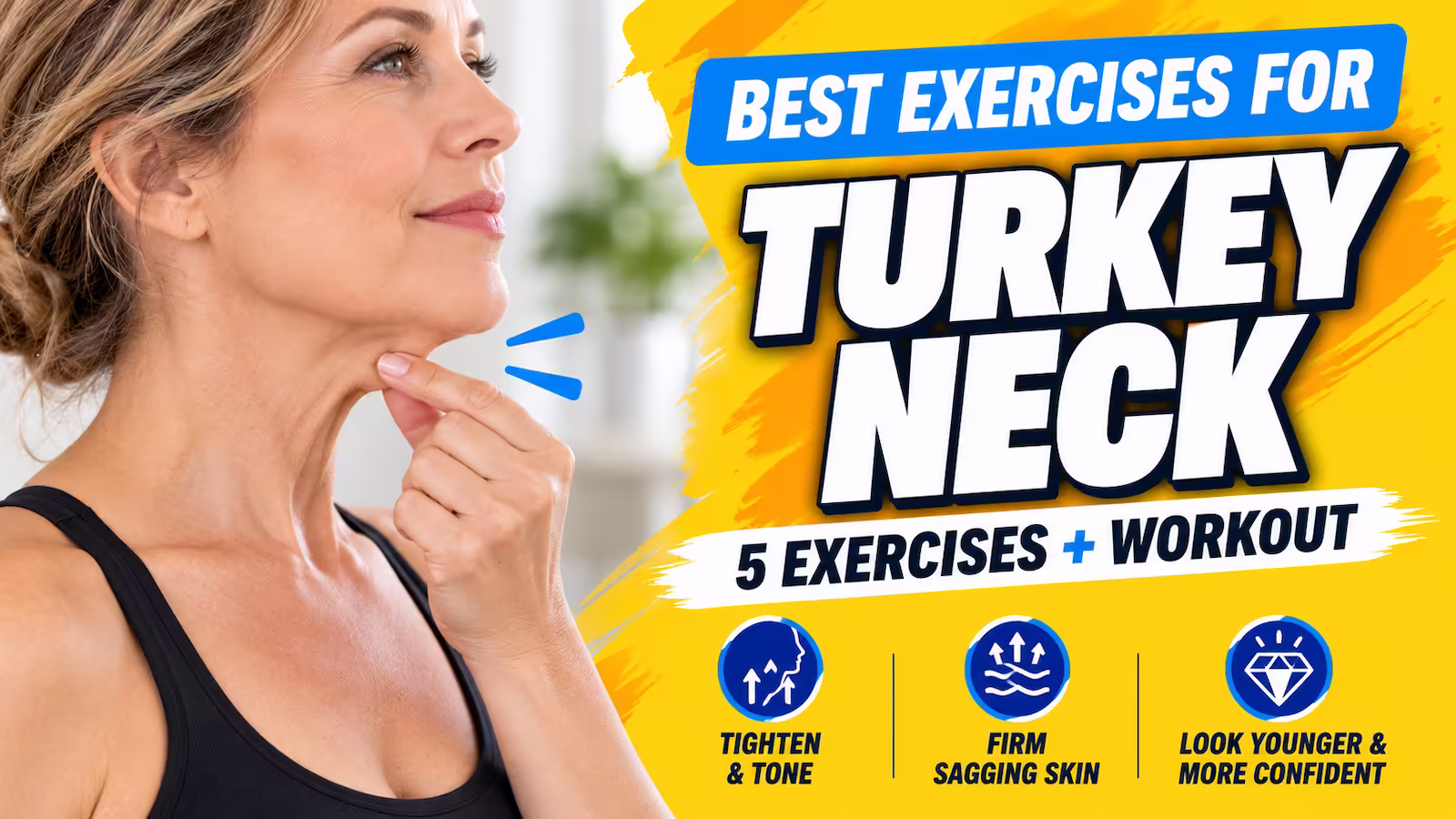 Neck exercise graphic showing a woman touching the skin under her chin.