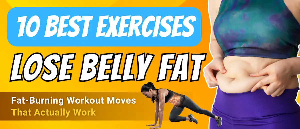 Woman performing mountain climbers exercise with highlighted core next to a close-up of belly fat to illustrate exercises that help reduce belly fat.