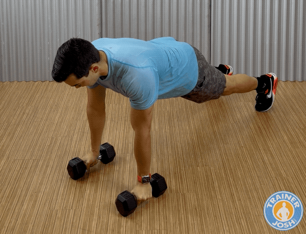 dumbbell renegade row with pushup exercise demonstration