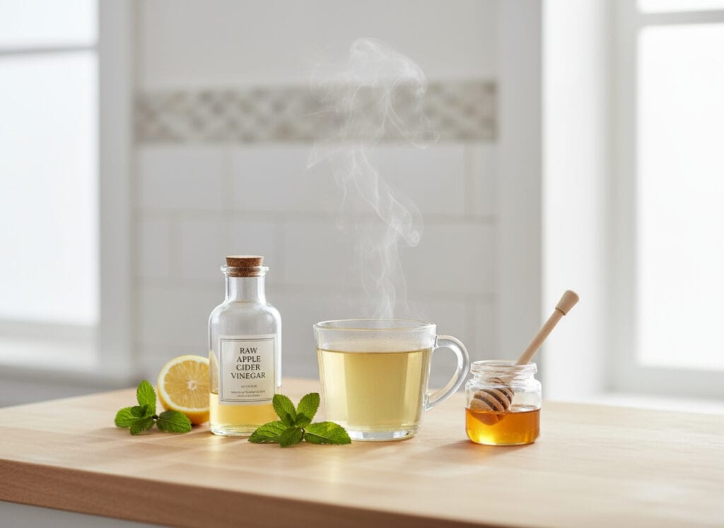 apple cider vinegar green tea hybrid recipe A clear glass mug of steaming green tea sits on a wooden kitchen counter beside a small bottle labeled “Raw Apple Cider Vinegar,” a jar of honey with a wooden dipper, a lemon slice, and fresh mint leaves. Soft natural light filters through the window, highlighting the steam and creating a calm, refreshing wellness atmosphere.