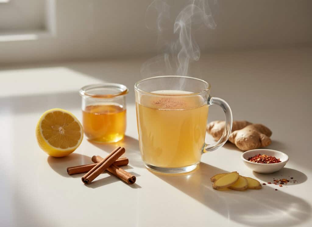 apple cider vinegar metabolic fat burner drink A clear glass mug of steaming golden apple cider vinegar drink sits on a light kitchen counter. Beside it are cinnamon sticks, sliced ginger, a lemon half, a small bowl of red pepper flakes, and a jar of honey. Sunlight streams in from the side, highlighting the warm tones and steam rising from the drink, creating a cozy, natural wellness atmosphere.