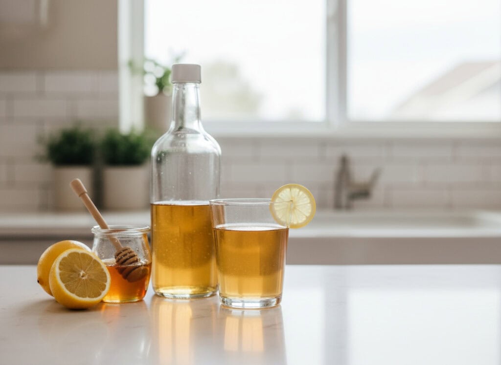 apple cider vinegar tonic A clear glass and bottle filled with golden apple cider vinegar tonic sit on a bright kitchen counter. A lemon slice rests on the rim of the glass, next to a small jar of honey with a wooden dipper and a halved lemon. Sunlight filters through a window in the background, creating a warm, clean, and natural feel.
