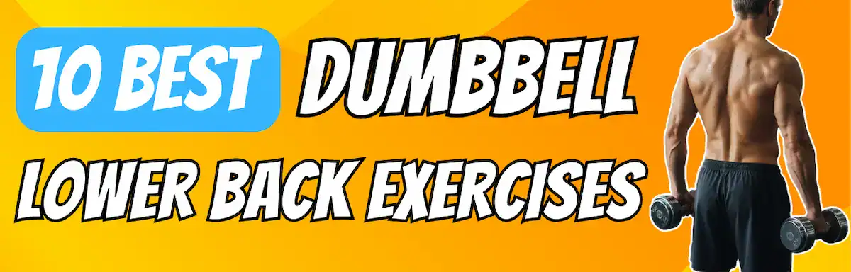 Graphic with bold text reading “10 Best Dumbbell Lower Back Exercises” on an orange background. On the right, a shirtless person with a muscular back stands holding a dumbbell in each hand, demonstrating lower back strength and posture.
