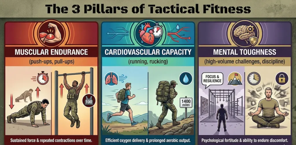 3 pillars of tactical fitness e1764733450448 An illustrated infographic titled “The 3 Pillars of Tactical Fitness.” It is divided into three vertical panels: Muscular Endurance (red panel): Shows soldiers performing push-ups and pull-ups. A stopwatch icon represents timed repetitions. The text reads “push-ups, pull-ups” and “Sustained force & repeated contractions over time.” Cardiovascular Capacity (blue panel): Depicts a man running with a backpack and a soldier rucking with a heavy pack next to a sign reading “1400 miles.” Icons of lungs and a water droplet appear above. The text says “running, rucking” and “Efficient oxygen delivery & prolonged aerobic output.” Mental Toughness (purple panel): Includes two images: a lone figure entering an obstacle course labeled “Focus & Resilience,” and a man seated cross-legged meditating with clocks and stress symbols swirling around him. Text reads “high-volume challenges, discipline” and “Psychological fortitude & ability to endure discomfort.” Across the bottom is the tagline: “Forging a resilient and mission-ready body and mind.”