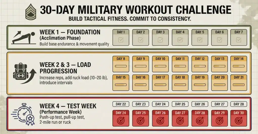 30 day military workout challenge Infographic titled ‘30-Day Military Workout Challenge’ with the subtitle ‘Build Tactical Fitness. Commit to Consistency.’ The layout is divided into three colored sections.Week 1 — Foundation (Acclimation Phase): A green box shows an icon of a person doing a plank. Text reads: ‘Build base endurance and movement quality.’ Seven daily boxes (Day 1–Day 7) each contain a checkmark symbol.Week 2 & 3 — Load Progression: An orange box with an icon of a rucksack and upward arrow. Text reads: ‘Increase reps, add ruck load (10–20 lb), introduce intervals.’ Fourteen daily boxes (Day 8–Day 21) contain progress-bar icons.Week 4 — Test Week (Performance Week): A red box with a stopwatch icon. Text reads: ‘Push-up test, pull-up test, 2-mile run or ruck.’ Nine daily boxes (Day 22–Day 30); the final days (24–30) display target icons.Design uses military-inspired colors and structured grid layout.