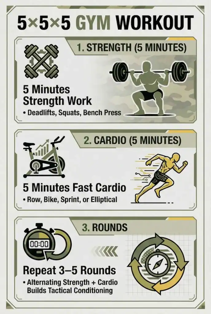 5x5x5 military gym workout “Infographic titled ‘5×5×5 Gym Workout’ with a military-style camo design. Section 1 shows an icon of crossed dumbbells and a figure performing a barbell squat, labeled ‘Strength (5 Minutes).’ Text below reads: ‘5 Minutes Strength Work — Deadlifts, Squats, Bench Press.’ Section 2 features an exercise bike icon and a running figure with speed lines, labeled ‘Cardio (5 Minutes).’ Text reads: ‘5 Minutes Fast Cardio — Row, Bike, Sprint, or Elliptical.’ Section 3 displays a stopwatch and a circular compass-style arrow graphic, labeled ‘Rounds.’ Text reads: ‘Repeat 3–5 Rounds — Alternating strength and cardio builds tactical conditioning.’ The overall layout uses green, yellow, and gray tones with a structured, box-style format.”