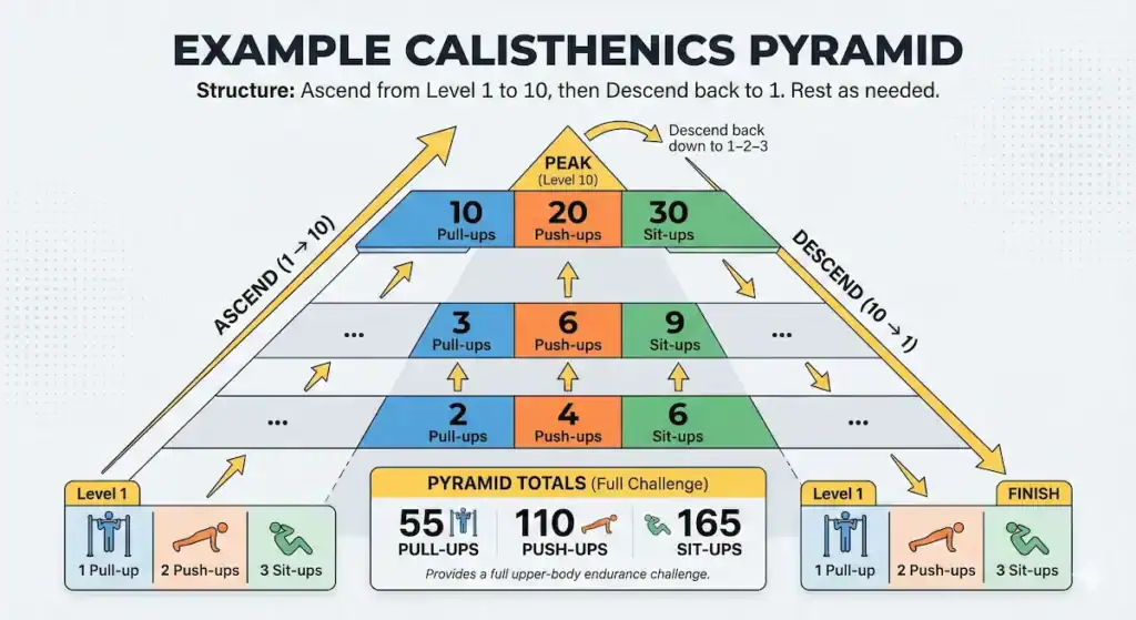 EXAMPLE CALISTHENICS PYRAMID An infographic titled “Example Calisthenics Pyramid.” It illustrates a workout structure where you ascend from Level 1 to Level 10, then descend back down to Level 1, performing pull-ups, push-ups, and sit-ups at each level.At the bottom starting level (Level 1), boxes show 1 pull-up, 2 push-ups, and 3 sit-ups. Arrows guide the viewer upward through the pyramid.Mid-levels are shown with increasing reps, such as 2 pull-ups, 4 push-ups, 6 sit-ups and 3 pull-ups, 6 push-ups, 9 sit-ups.At the peak (Level 10), the top triangle displays 10 pull-ups, 20 push-ups, and 30 sit-ups. Arrows then direct downward, indicating the repetition pattern reverses back to 1.At the bottom center, a summary box lists total reps for the full pyramid: 55 pull-ups, 110 push-ups, and 165 sit-ups, with text noting it provides a full upper-body endurance challenge. On both sides, “Level 1” boxes repeat the starting reps.
