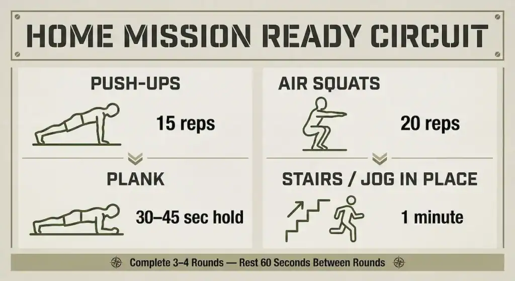 home mission ready circuit infographic Infographic titled ‘Home Mission Ready Circuit’ with a military-style design. The layout is divided into four exercise boxes. Top left shows a push-up outline icon with text ‘Push-Ups – 15 reps.’ Bottom left shows a plank icon with text ‘Plank – 30–45 second hold.’ Top right shows an air squat icon with text ‘Air Squats – 20 reps.’ Bottom right shows a stairs and jogging icon with text ‘Stairs / Jog in Place – 1 minute.’ At the bottom, a banner reads: ‘Complete 3–4 rounds — Rest 60 seconds between rounds.’ The design uses olive green line art and a structured, tactical aesthetic.