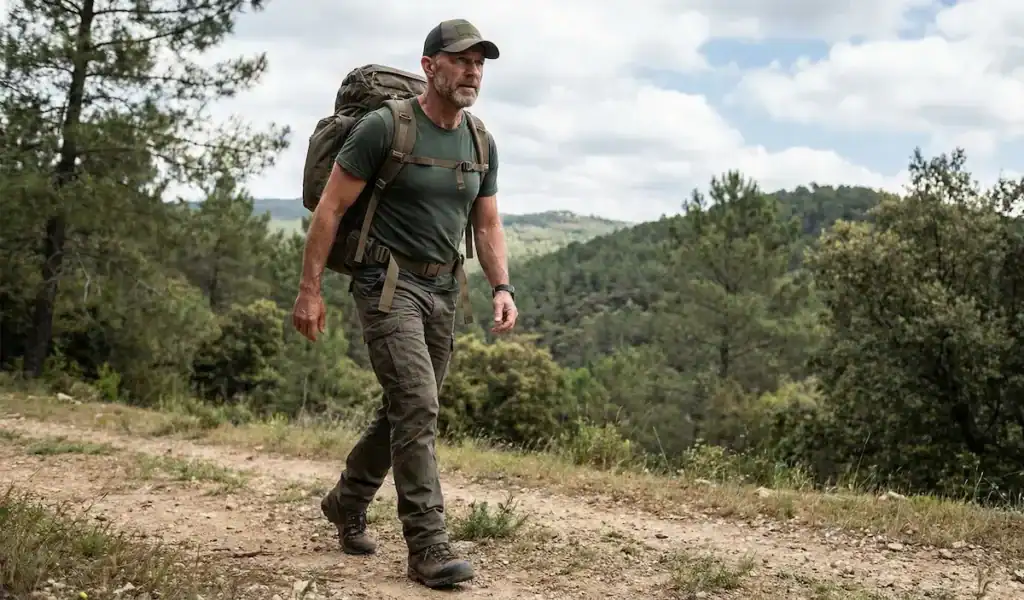 man rucking weighted backpack A man is hiking on a dirt trail through a forested area while carrying a large, fully loaded backpack. He appears physically fit and is wearing outdoor clothing: a green T-shirt, cargo pants, a cap, and sturdy hiking boots. The background shows rolling hills covered in trees under a partly cloudy sky. The man is walking with purpose, suggesting a ruck march or weighted endurance hike.