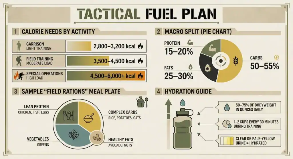 tactical fuel plan infographic “Infographic titled ‘Tactical Fuel Plan’ with a military-style design. Section 1 shows calorie needs by activity: Garrison/light training requires 2,800–3,200 kcal; Field training/moderate load requires 3,500–4,500 kcal; Special operations/high load requires 4,500–6,000+ kcal, each with a corresponding color bar and flame icon. Section 2 displays a macro split pie chart: Protein 15–20%, Fats 25–30%, and Carbs 50–55%. Section 3 shows a sample ‘field rations’ meal plate divided into four areas: Lean protein (chicken, fish, eggs), Complex carbs (rice, potatoes, oats), Vegetables (greens), and Healthy fats (avocado, nuts). Section 4 provides a hydration guide with a water bottle graphic: Drink 50–75% of bodyweight in ounces daily, consume 1–2 cups every 30 minutes during training, and clear or pale-yellow urine indicates hydration. The overall layout uses greens, tans, and tactical iconography.
