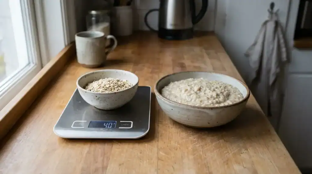 Dry oats measured on a digital food scale next to a large bowl of cooked oatmeal on a kitchen counter