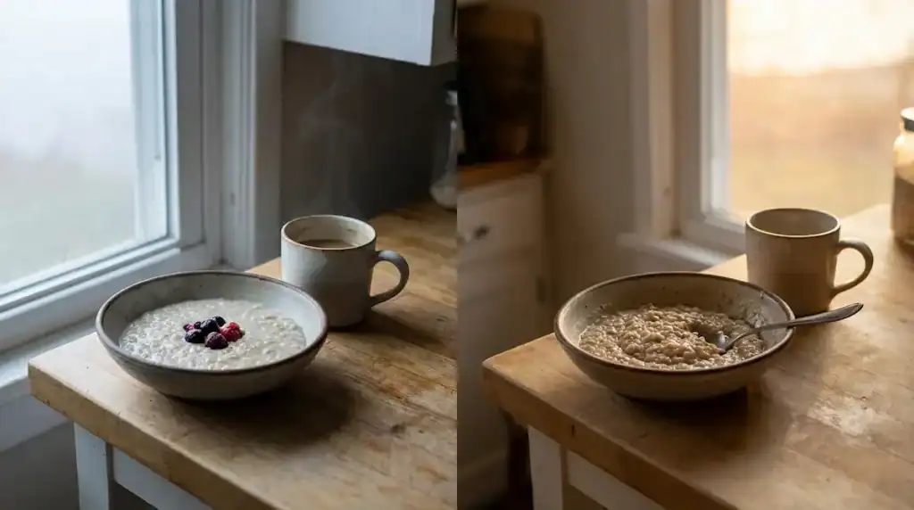 Split image showing oatmeal in the morning light and oatmeal in the evening light on a kitchen counter
