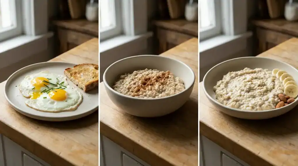 Three-panel image showing eggs on a plate, a bowl of plain oatmeal, and oatmeal mixed with egg whites on a kitchen counter