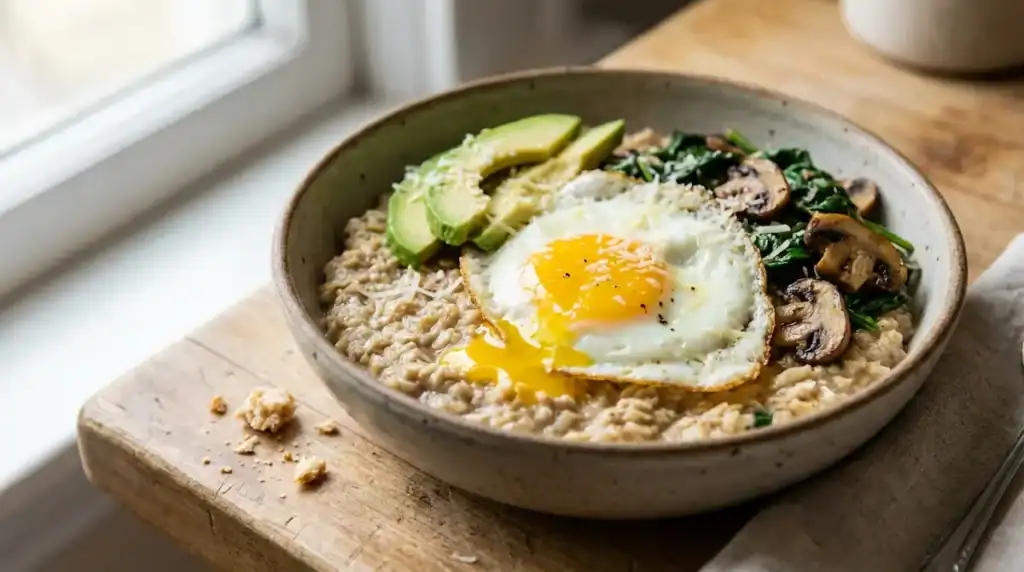 Savory oatmeal topped with a fried egg, avocado, mushrooms, and greens on a wooden table