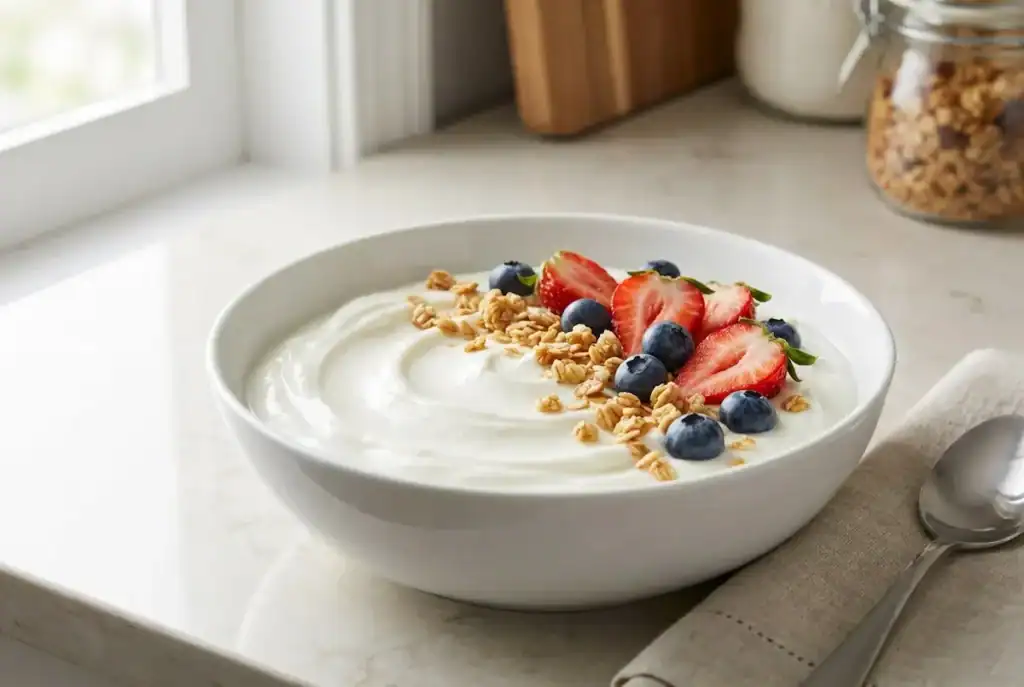 Greek yogurt bowl topped with small measured sprinkle of granola and fresh berries.”