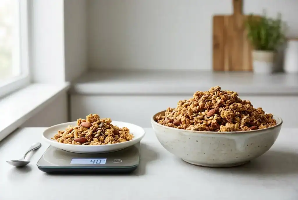 Small 40-gram serving of granola on a digital scale next to a much larger bowl filled with granola for portion comparison.