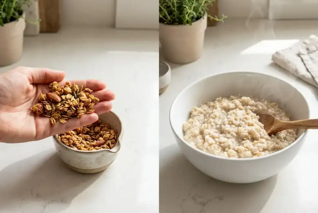 Side-by-side image of a hand holding granola over a bowl and a separate bowl of cooked oatmeal with a wooden spoon.