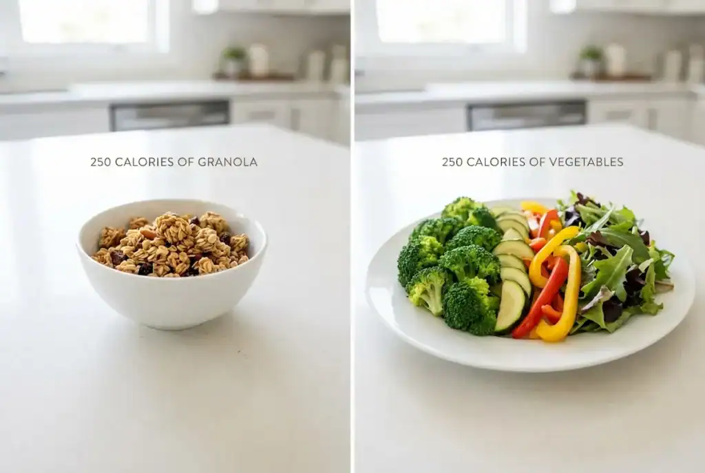 Small bowl of granola next to large plate of mixed vegetables, both equal 250 calories.