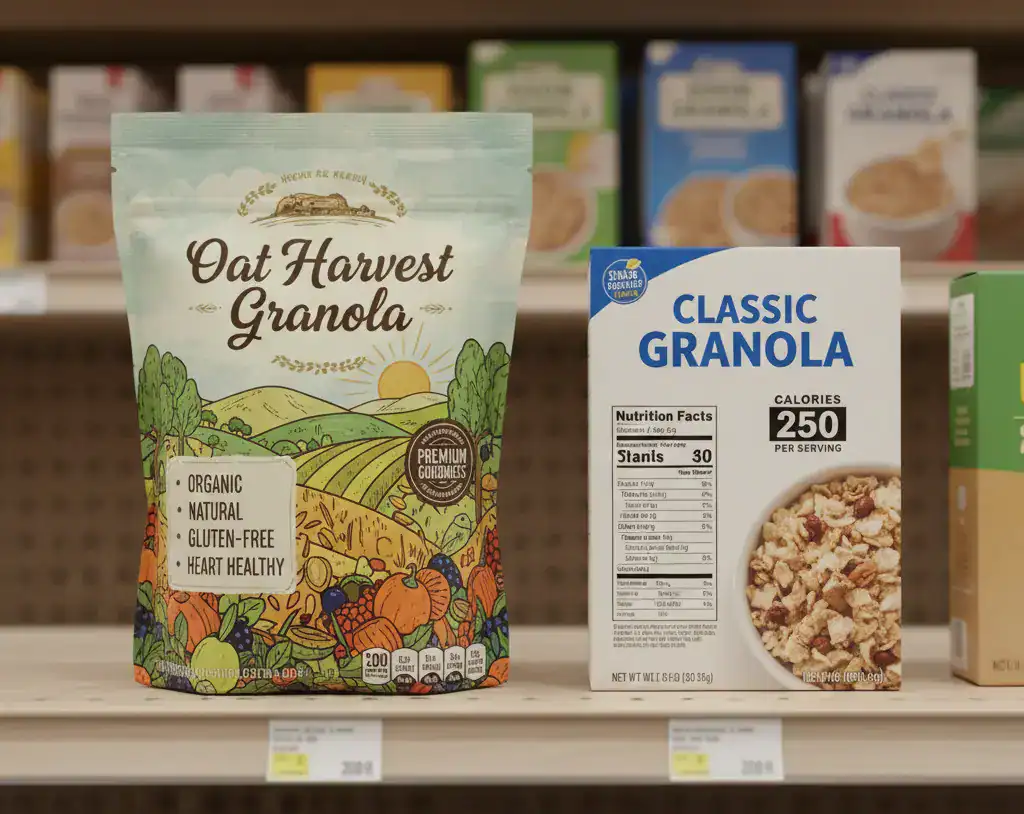 Two granola packages labeled organic and natural showing identical calorie counts.