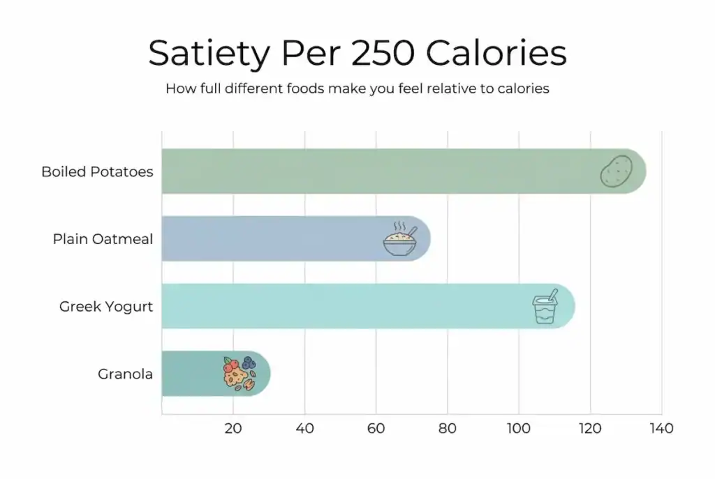 Bar chart comparing satiety per 250 calories showing potatoes highest and granola lowest.