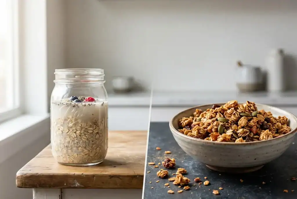 Jar of overnight oats soaking in water next to bowl of dry granola clusters.