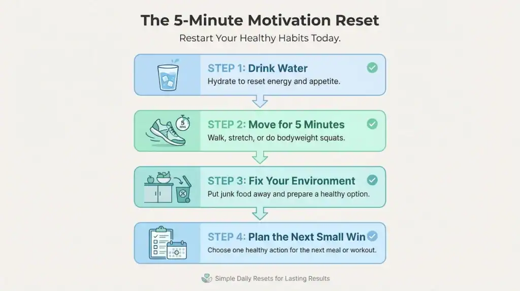 Infographic showing a four-step five-minute motivation reset including drinking water, moving briefly, fixing the food environment, and planning the next healthy action.