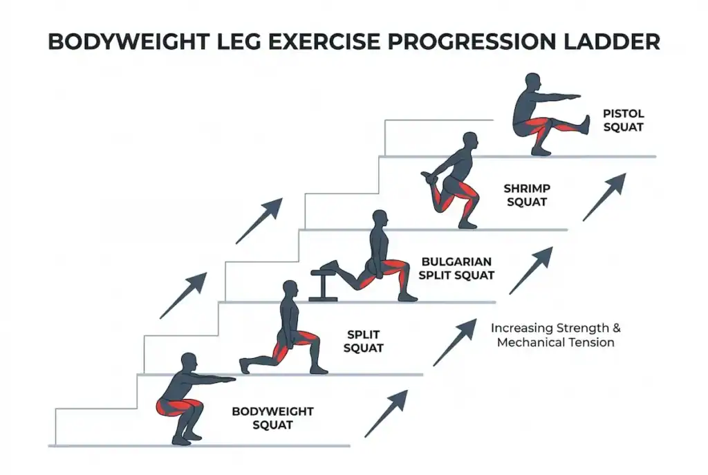 BODYWEIGHT LEG EXERCISE PROGRESSION LADDER A progression ladder showing how bodyweight squats evolve into advanced single-leg movements that increase mechanical tension.