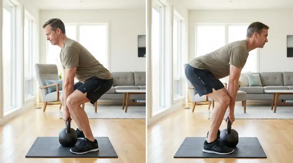 Side-by-side comparison of kettlebell deadlift hip hinge versus incorrect squat pattern showing hip and knee positioning